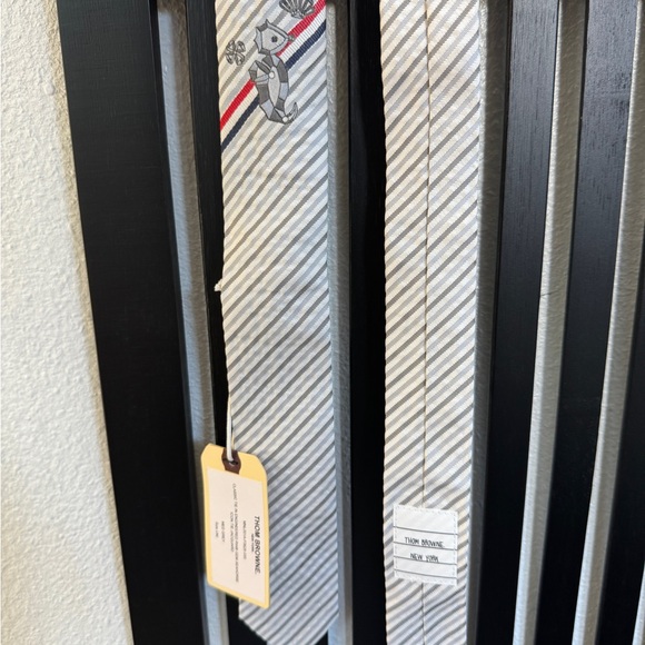 Thom Browne Light Gray and White Diagonal Stripe Silk Tie with Red Accent
